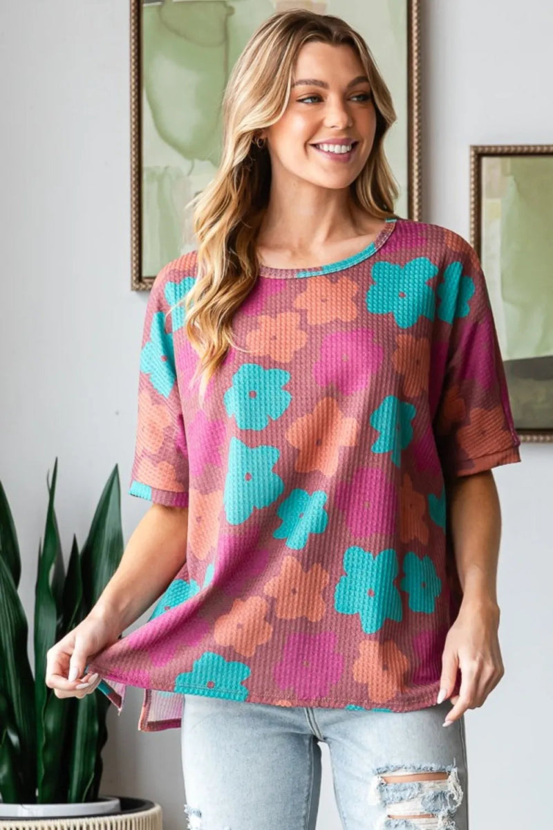 HOPELY Full Size Floral Round Neck Side Slit T-Shirt Women - Love Salve 