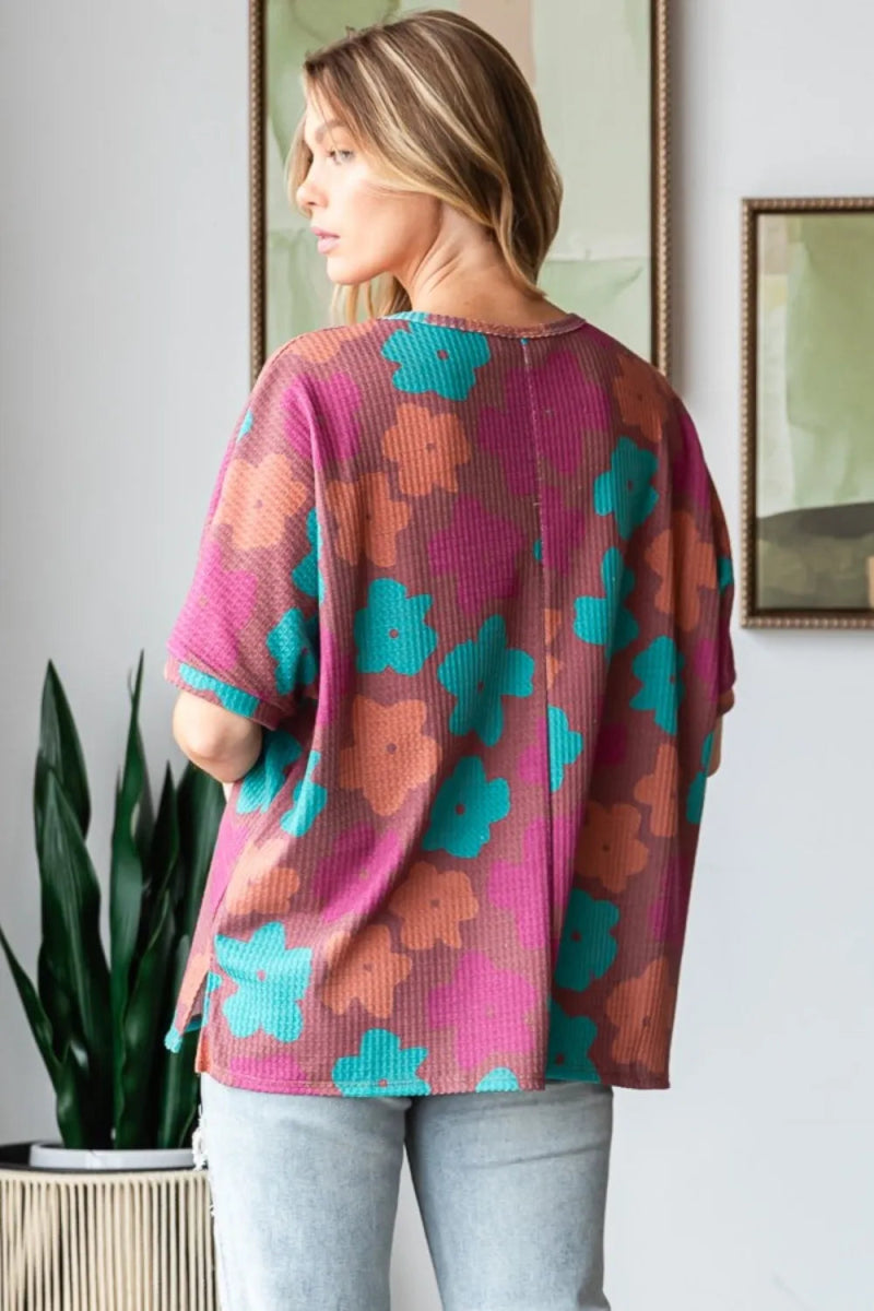 HOPELY Full Size Floral Round Neck Side Slit T-Shirt Women - Love Salve 