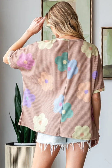 HOPELY Full Size Floral Round Neck Side Slit Waffle T-Shirt - Love Salve 