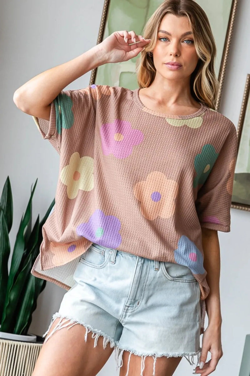 HOPELY Full Size Floral Round Neck Side Slit Waffle T-Shirt - Love Salve 
