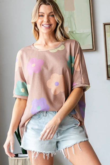 HOPELY Full Size Floral Round Neck Side Slit Waffle T-Shirt - Love Salve 