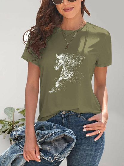 Equestrian Circle Neck Short-Sleeve Tee in olive green with horse graphic, worn by model.