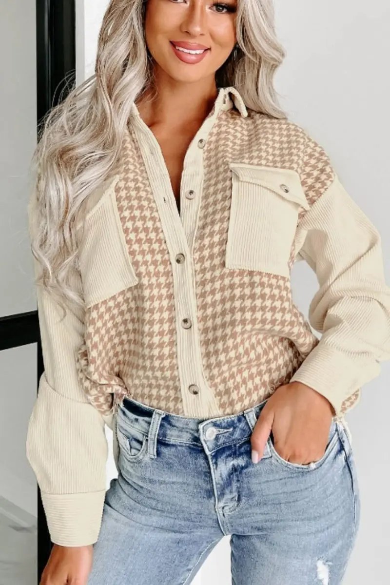 Houndstooth Button Up Long Sleeve Jacket - Love Salve 