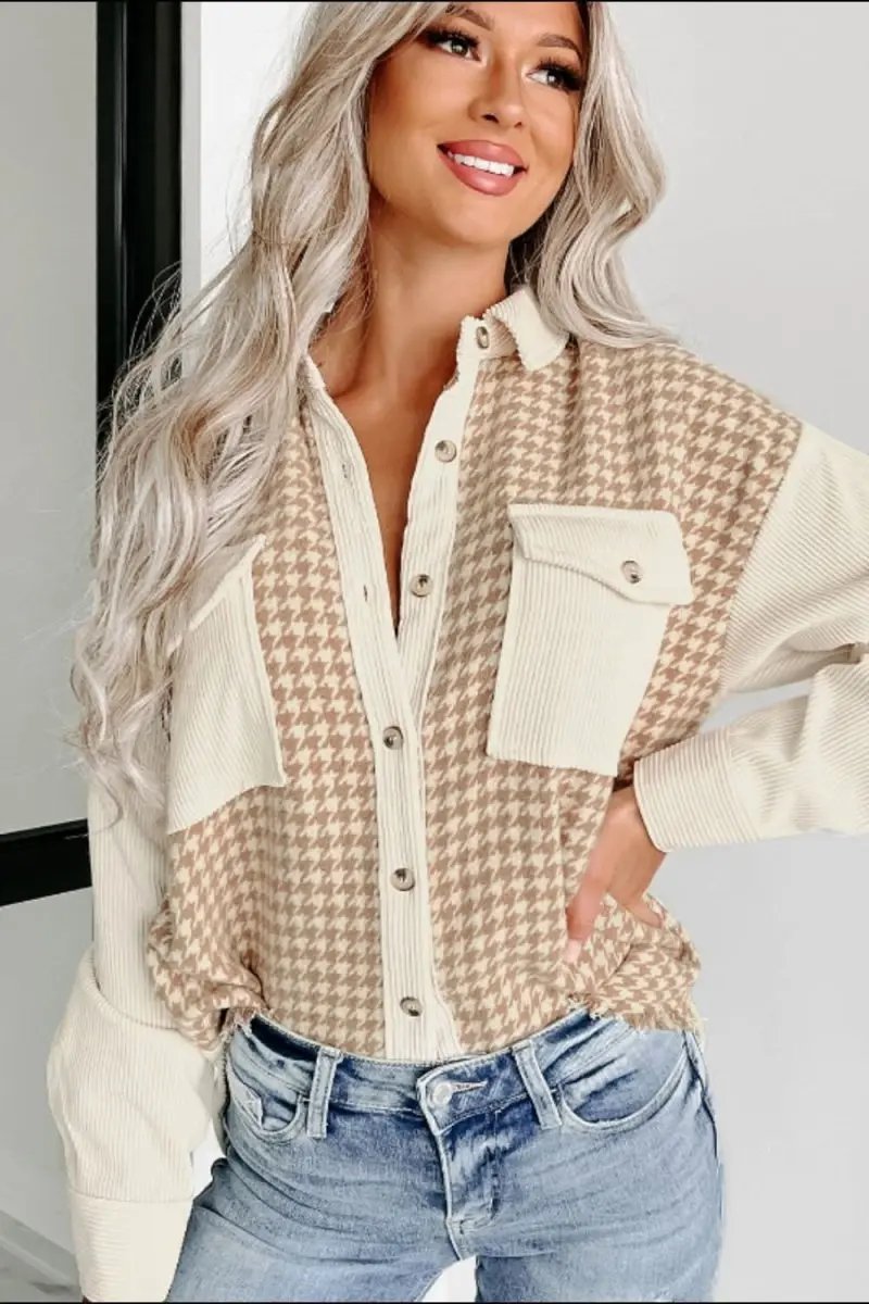 Houndstooth Button Up Long Sleeve Jacket - Love Salve 
