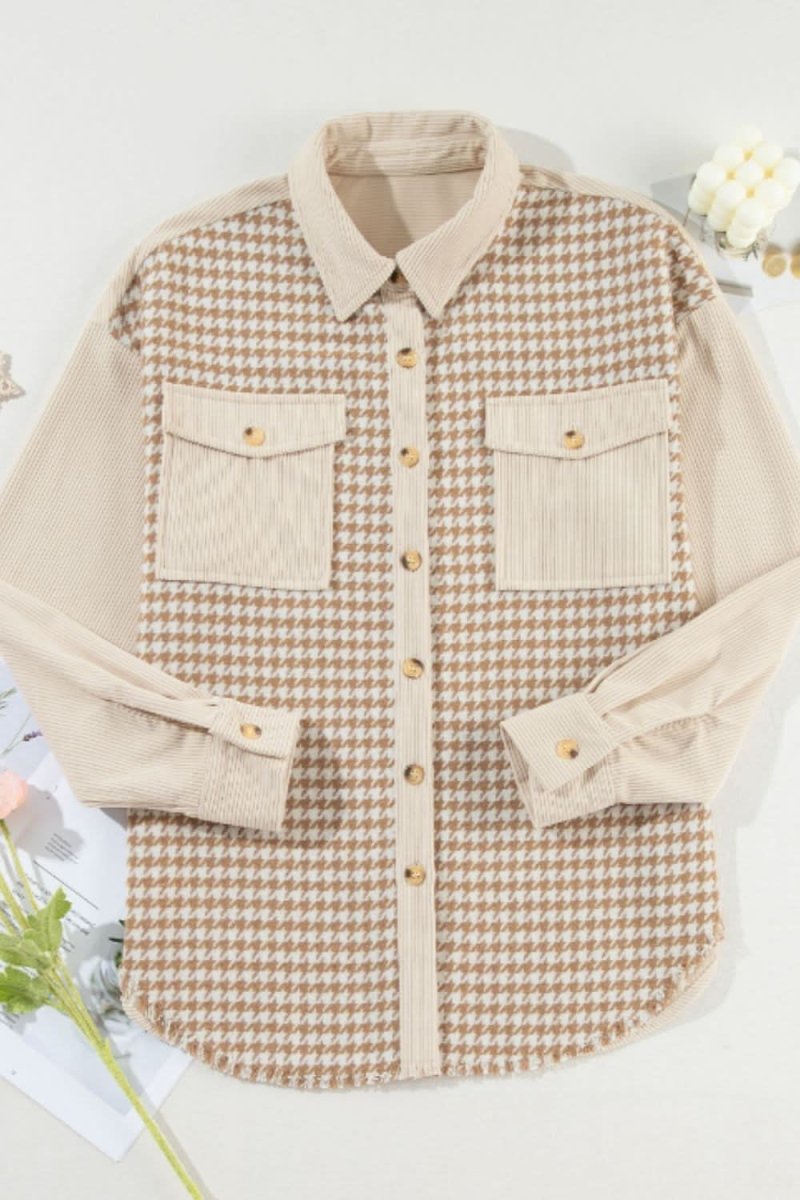 Houndstooth Button Up Long Sleeve Jacket - Love Salve 