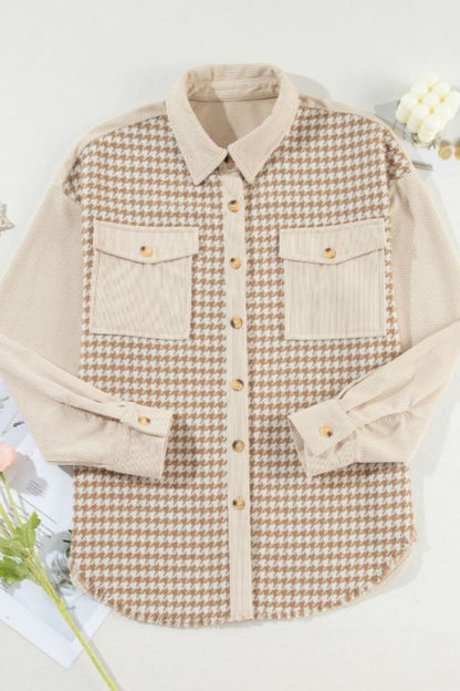 Houndstooth Button Up Long Sleeve Jacket - Love Salve 