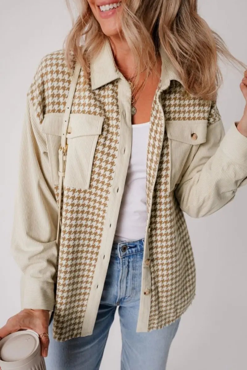Houndstooth Button Up Long Sleeve Jacket - Love Salve 