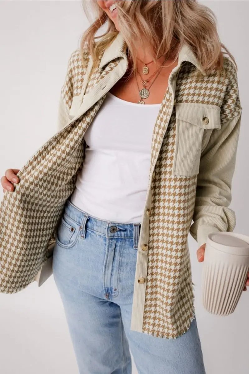 Houndstooth Button Up Long Sleeve Jacket - Love Salve 