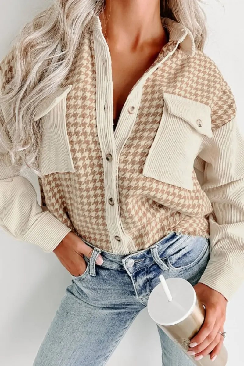 Houndstooth Button Up Long Sleeve Jacket - Love Salve 