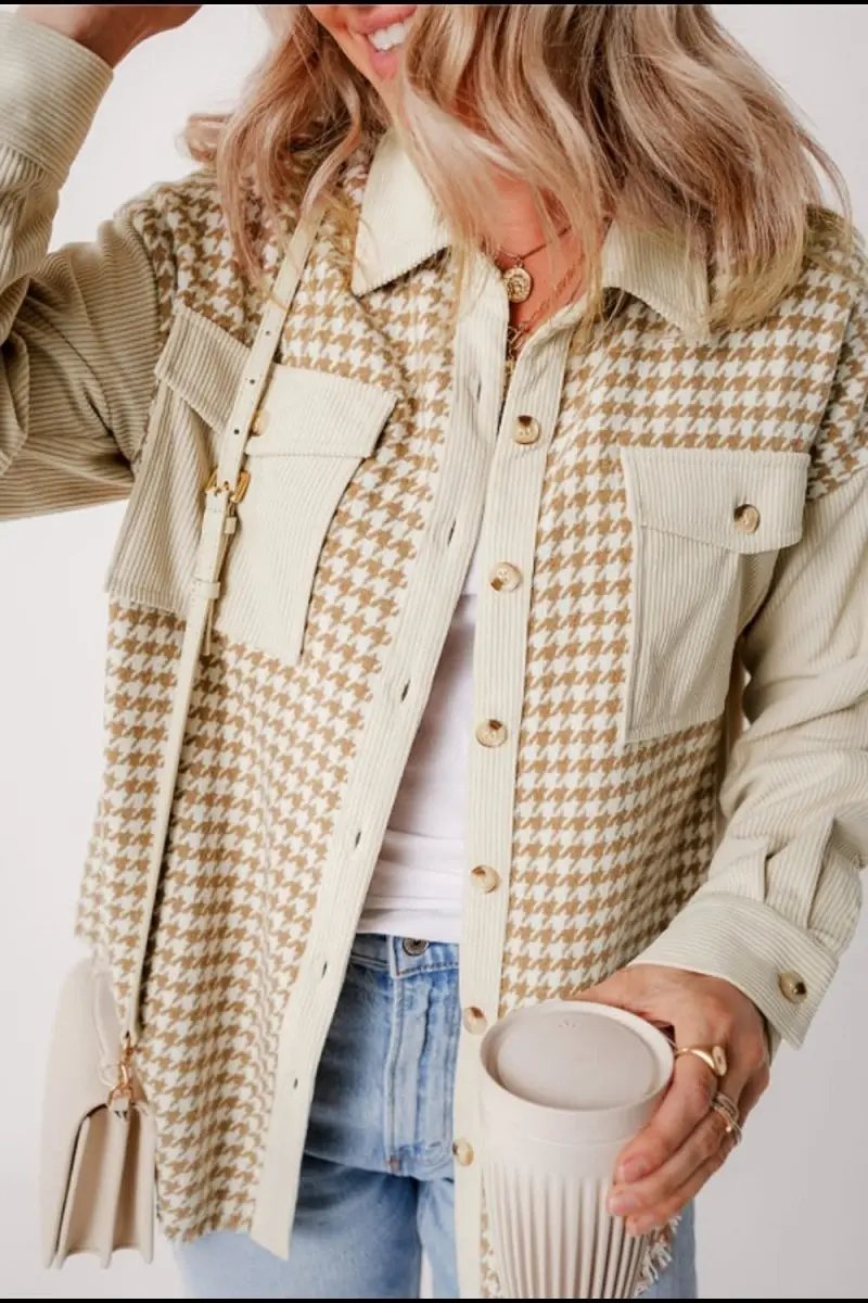 Houndstooth Button Up Long Sleeve Jacket - Love Salve 