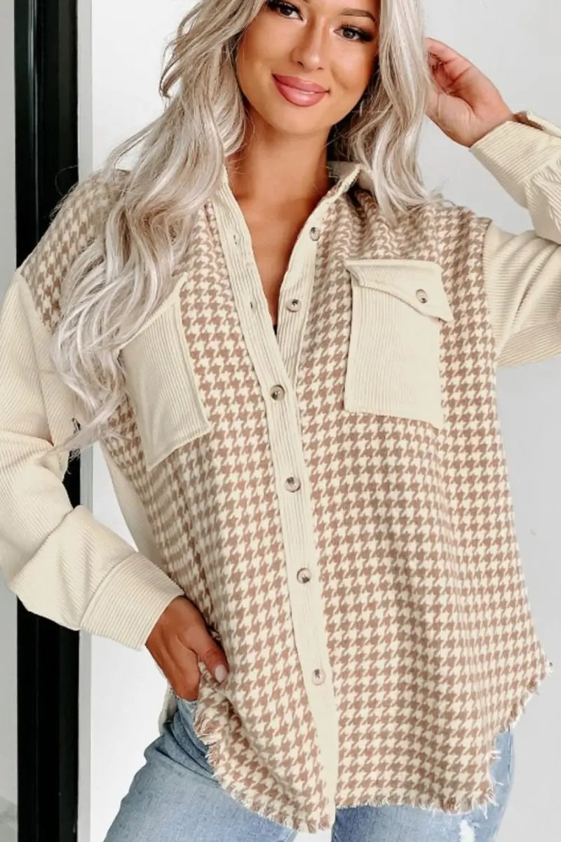 Houndstooth Button Up Long Sleeve Jacket - Love Salve 