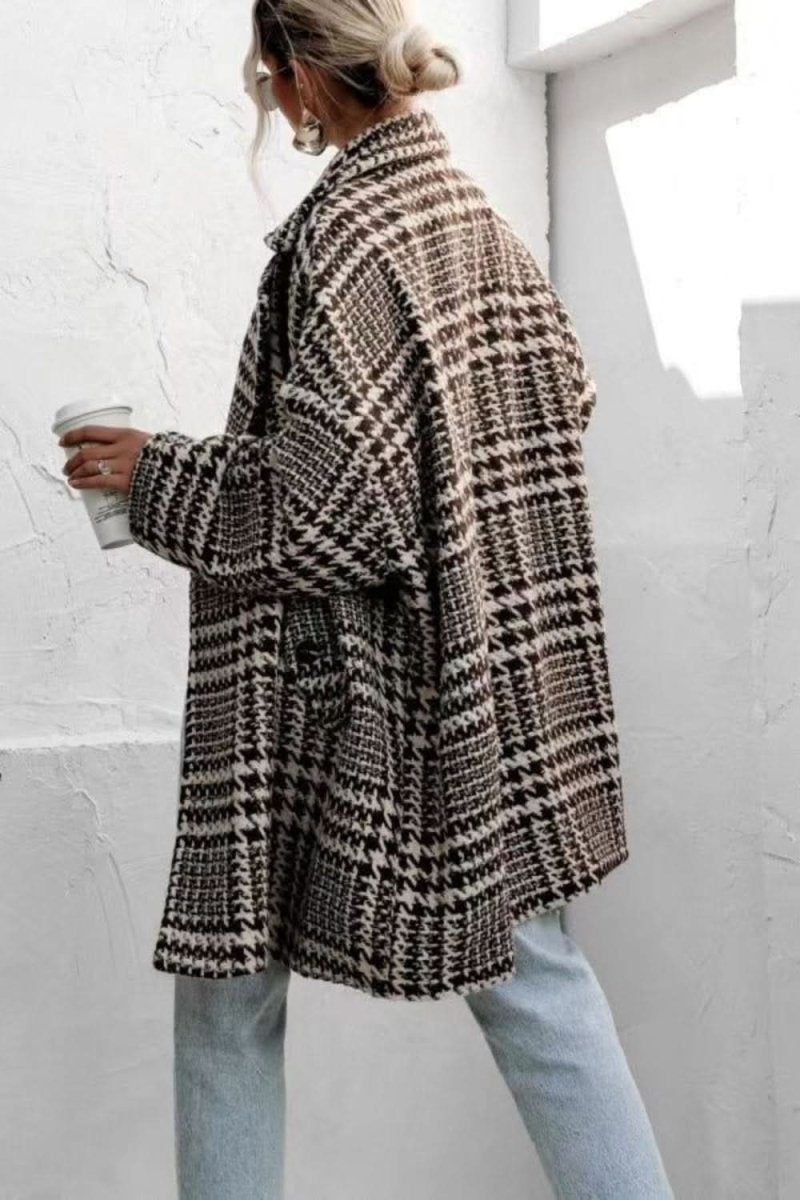 Houndstooth Collared Neck Long Sleeve Coat with Pockets - Love Salve 