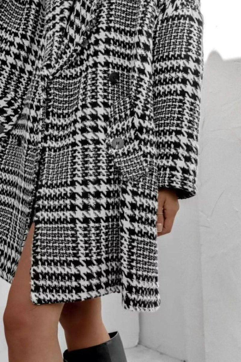 Houndstooth Collared Neck Long Sleeve Coat with Pockets - Love Salve 