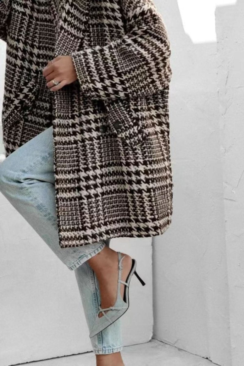 Houndstooth Collared Neck Long Sleeve Coat with Pockets - Love Salve 