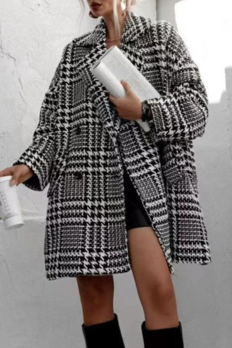 Houndstooth Collared Neck Long Sleeve Coat with Pockets - Love Salve 