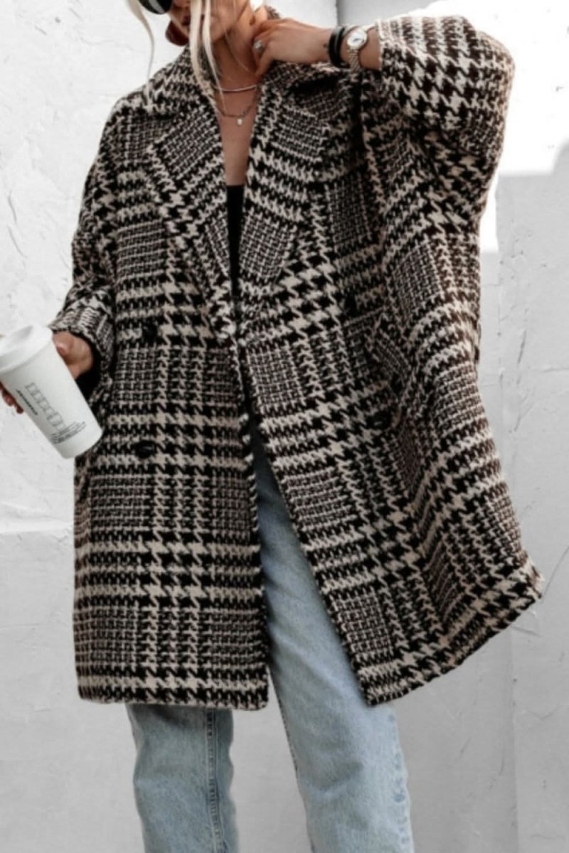Houndstooth Collared Neck Long Sleeve Coat with Pockets - Love Salve 
