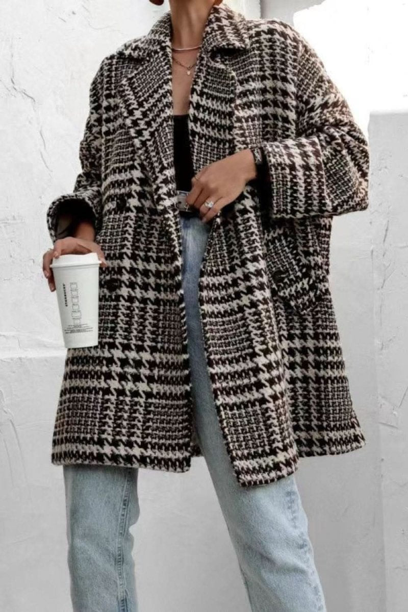 Houndstooth Collared Neck Long Sleeve Coat with Pockets - Love Salve 