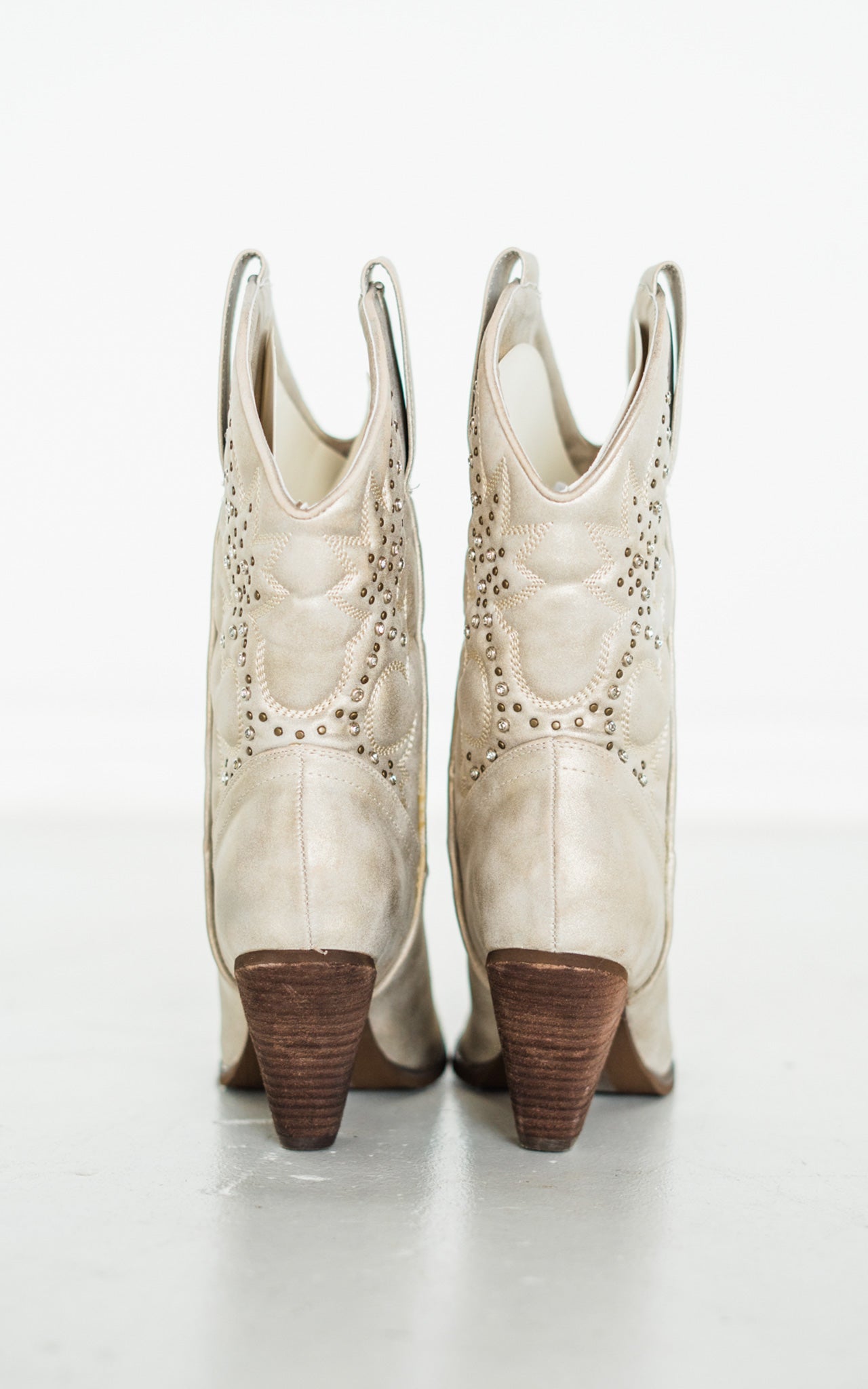 Houston Western Boots Champagne Faux Leather Studded 3 Inch Naughty Monkey