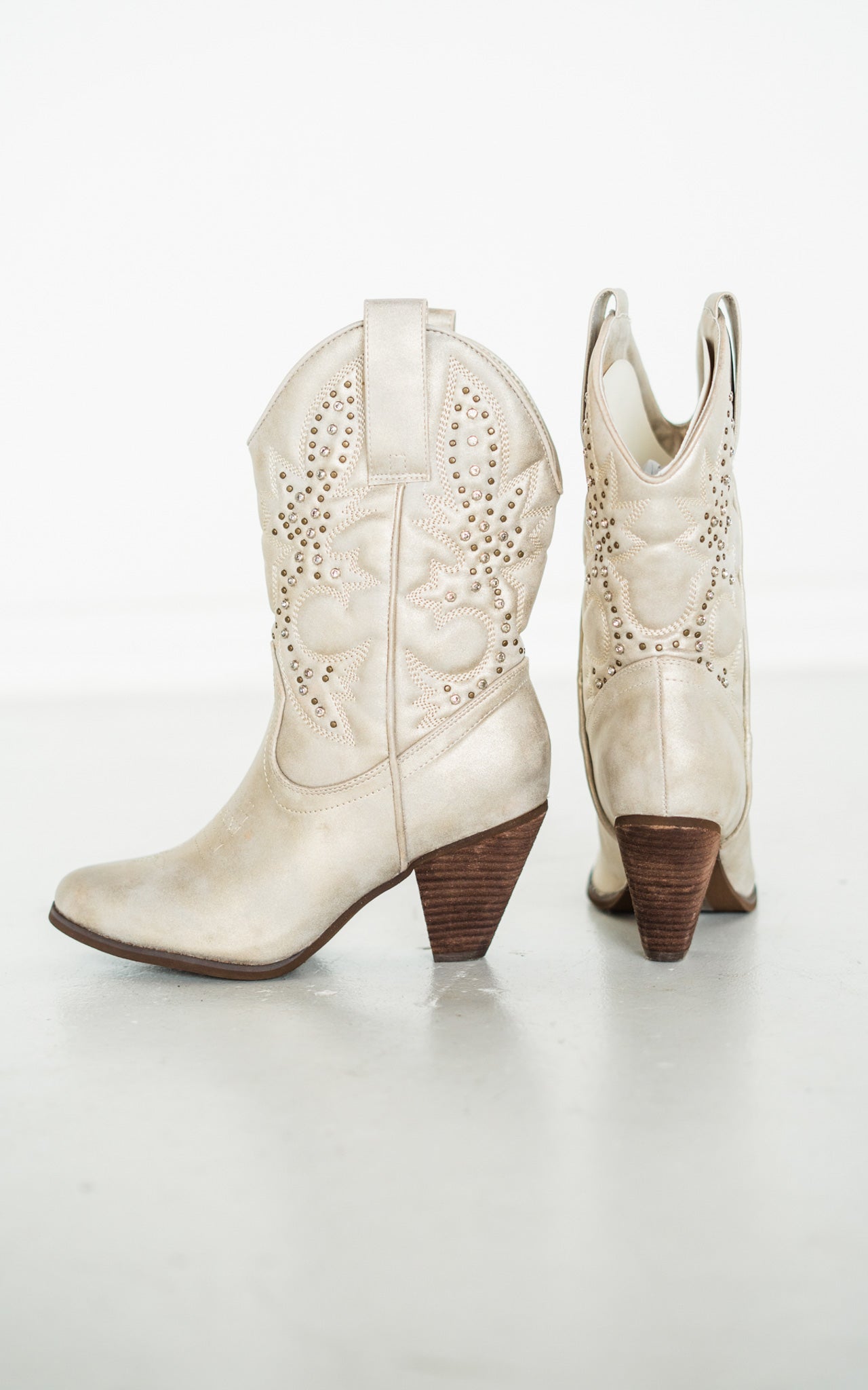 Houston Western Boots Champagne Faux Leather Studded 3 Inch Naughty Monkey