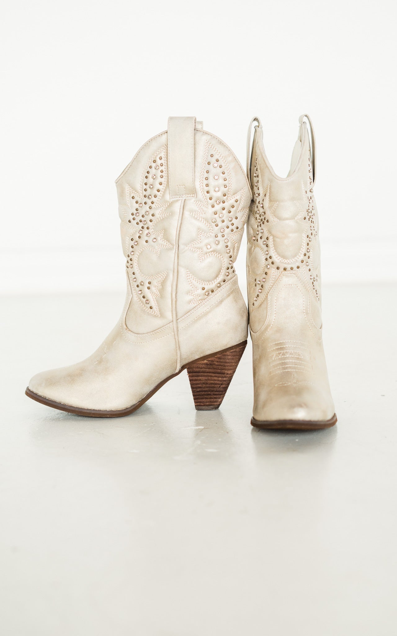 Houston Western Boots Champagne Faux Leather Studded 3 Inch Naughty Monkey