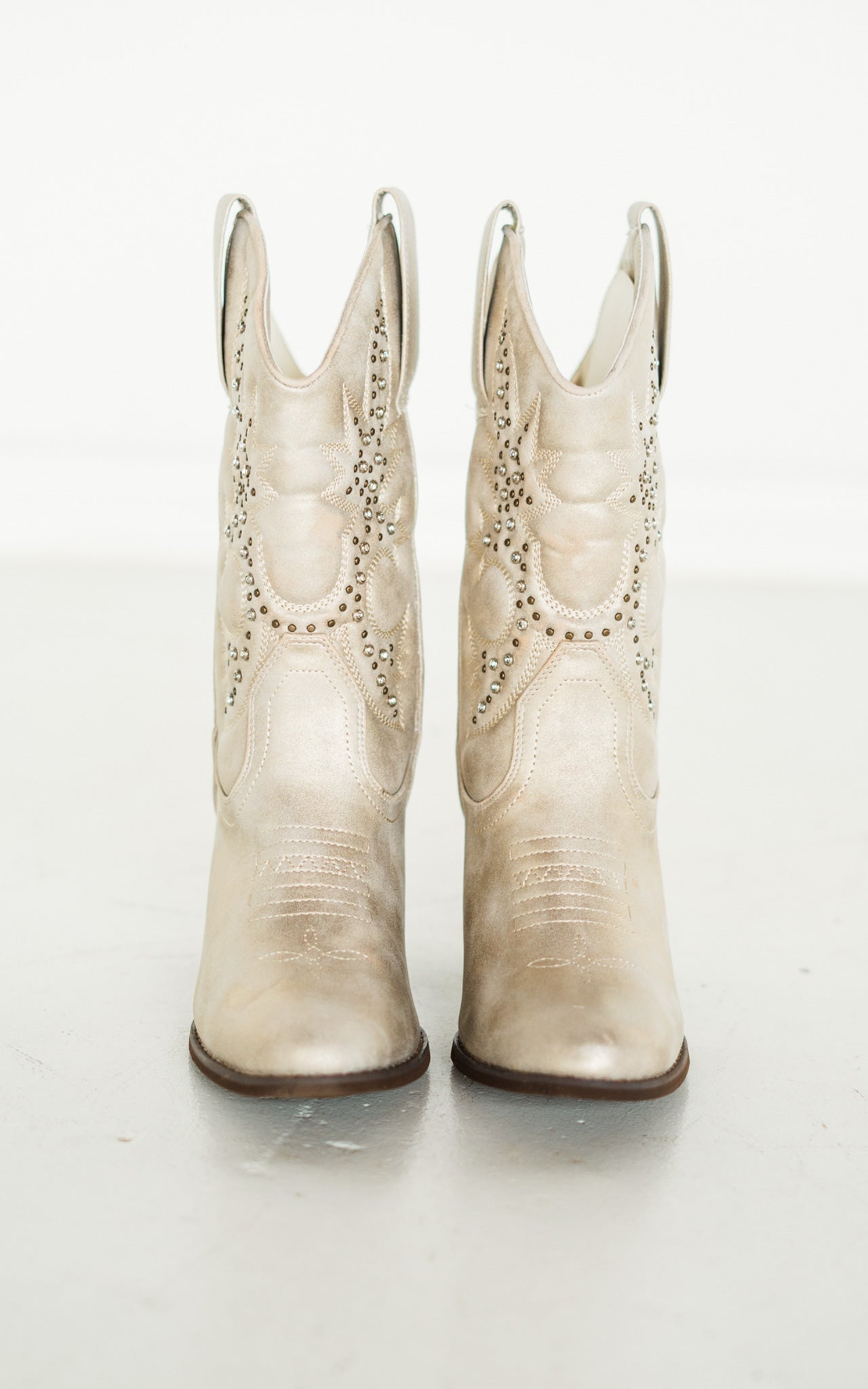 Houston Western Boots Champagne Faux Leather Studded 3 Inch Naughty Monkey