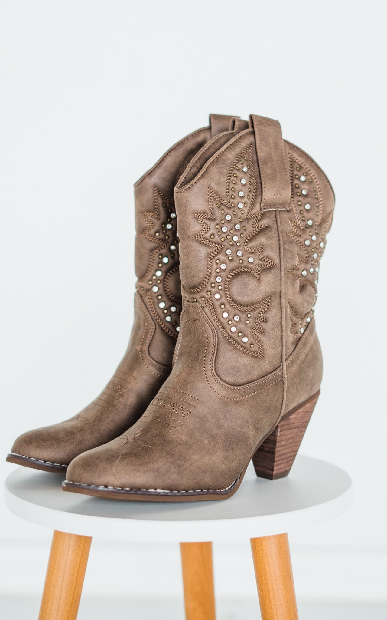 Houston Western Boots Taupe Faux Leather Studded Boots Naughty Monkey