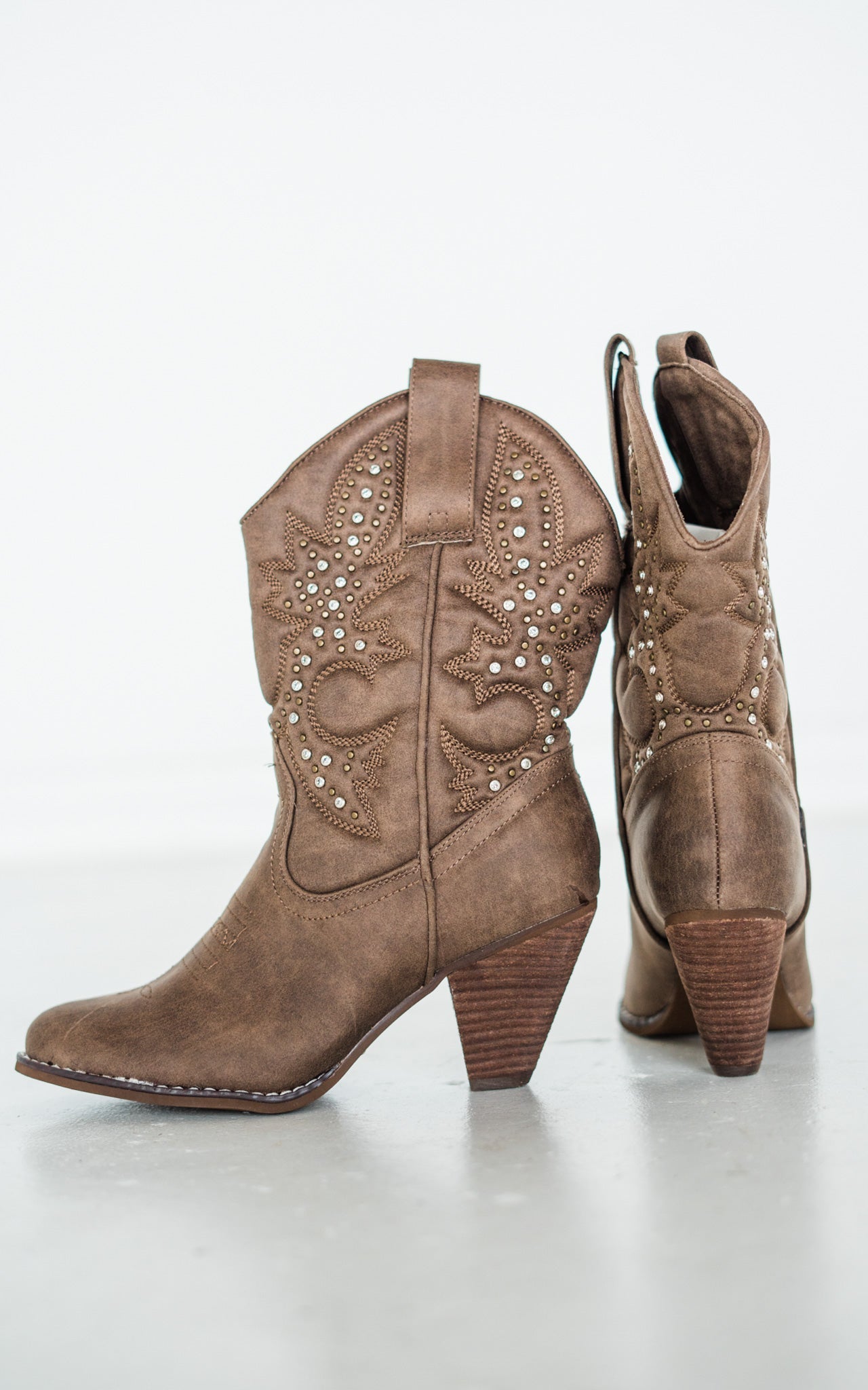 Houston Western Boots Taupe Faux Leather Studded Boots Naughty Monkey