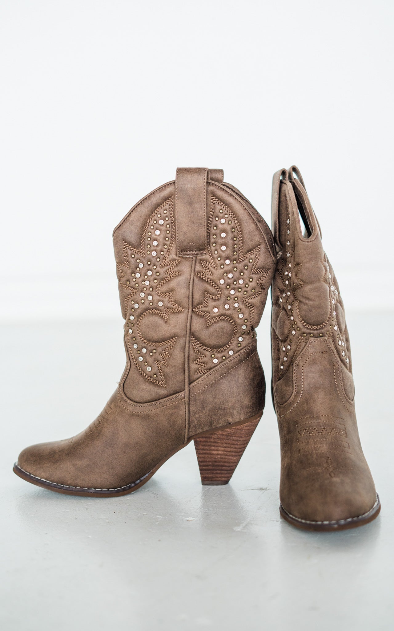 Houston Western Boots Taupe Faux Leather Studded Boots Naughty Monkey