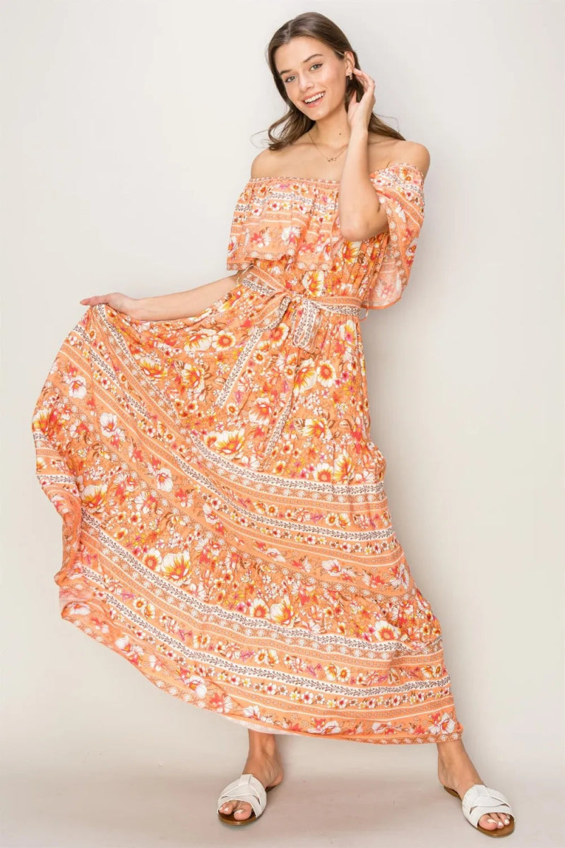 HYFVE Floral Off-Shoulder Tie Front Maxi Dress for Women - Love Salve 