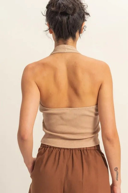 HYFVE Halter Neck Buttoned Washed Top for Casual Style - Love Salve 