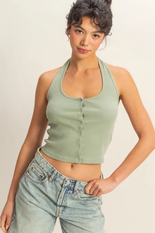 HYFVE Halter Neck Buttoned Washed Top for Casual Style - Love Salve 