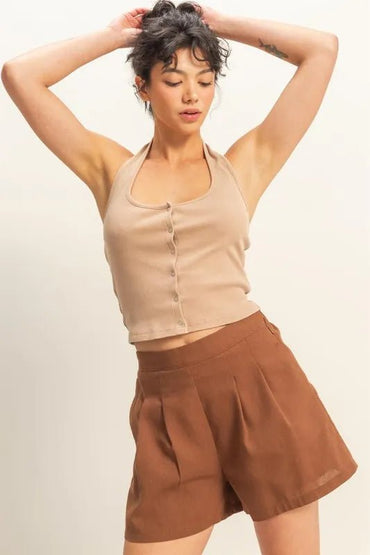 HYFVE Halter Neck Buttoned Washed Top for Casual Style - Love Salve 