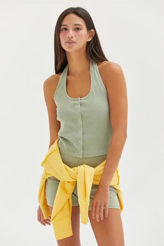 HYFVE Halter Neck Buttoned Washed Top for Casual Style - Love Salve 