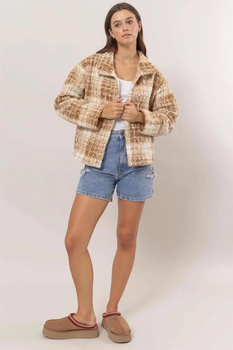 HYFVE Plaid Collared Neck Boucle Jacket with Pockets - Love Salve 
