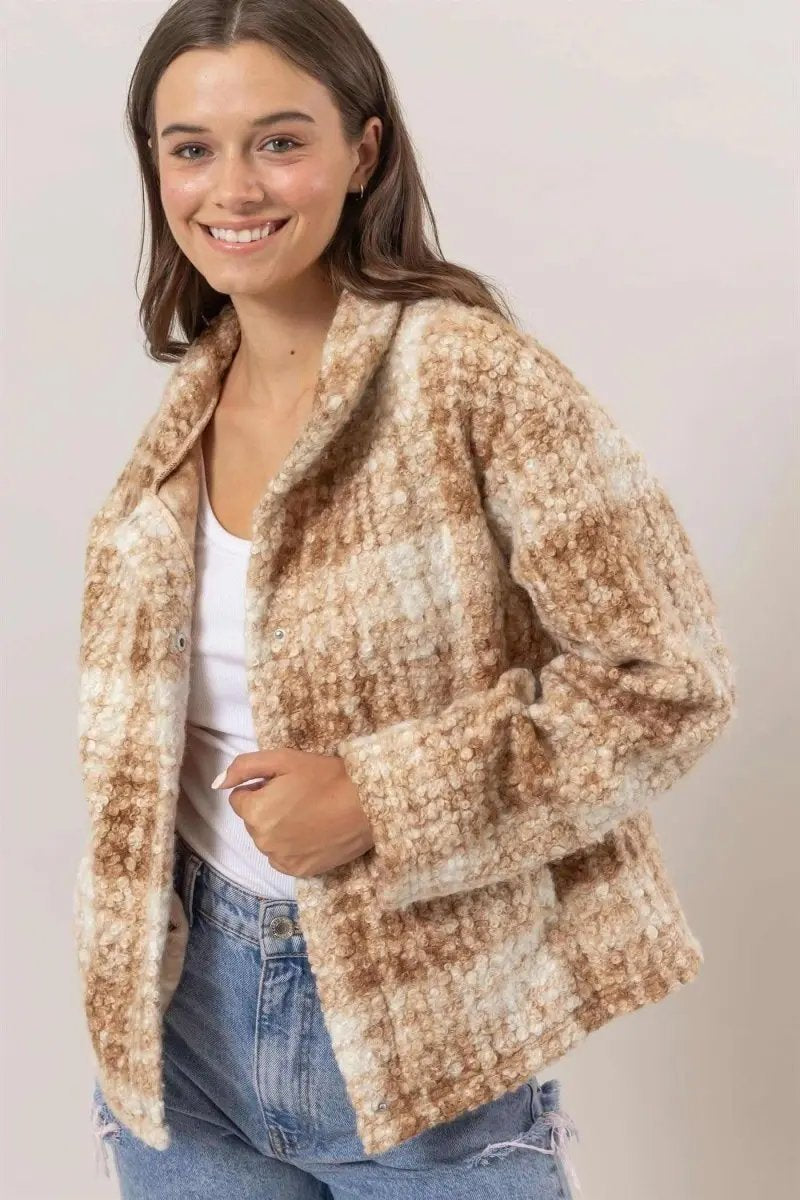 HYFVE Plaid Collared Neck Boucle Jacket with Pockets - Love Salve 
