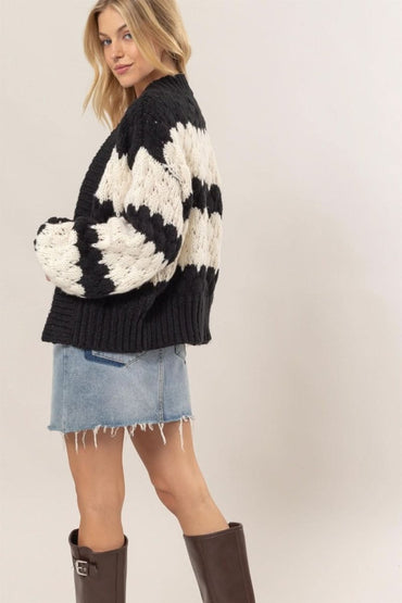 HYFVE Scallop Striped Open Front Long Sleeve Sweater Cardigan - Love Salve