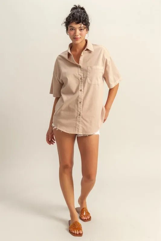 HYFVE Short Sleeve Button Down Oversized Shirt for Women - Love Salve 
