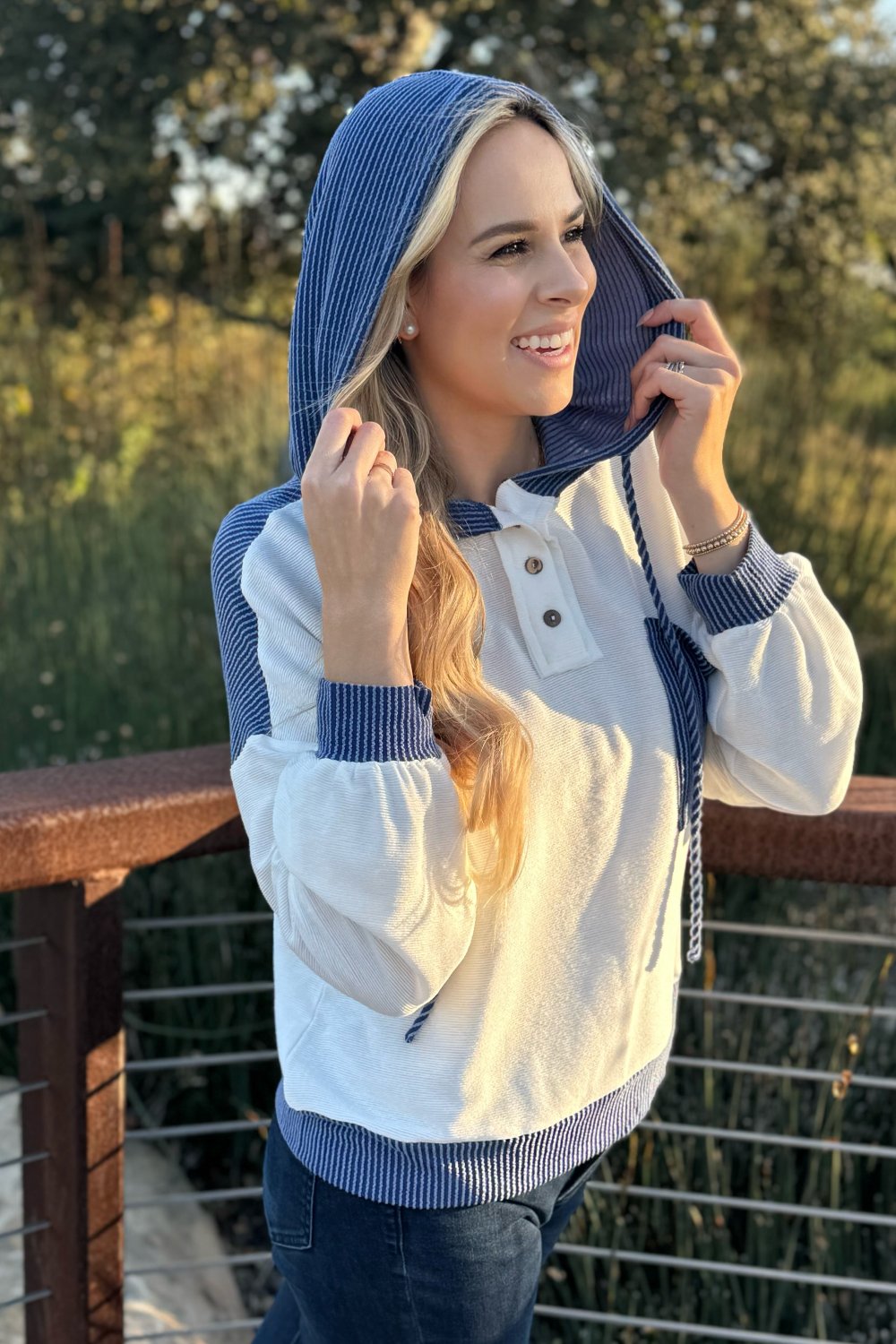 Millie Drawstring Hooded Top with Patchwork Design and Colorblock Detail - Love Salve 