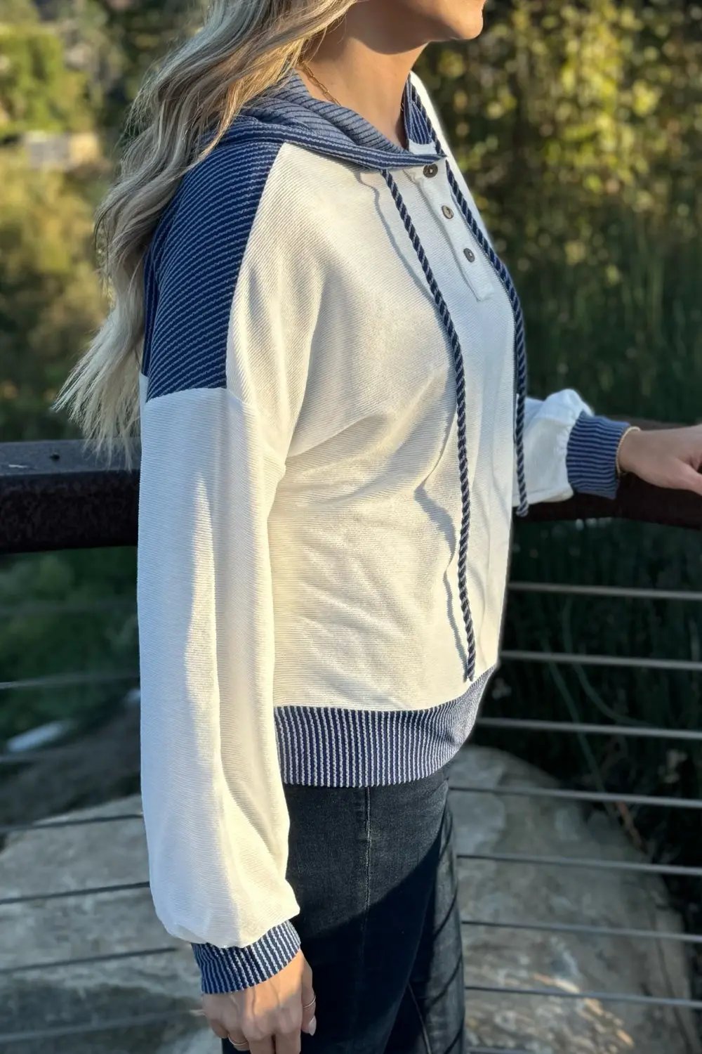 Millie Drawstring Hooded Top with Patchwork Design and Colorblock Detail - Love Salve 