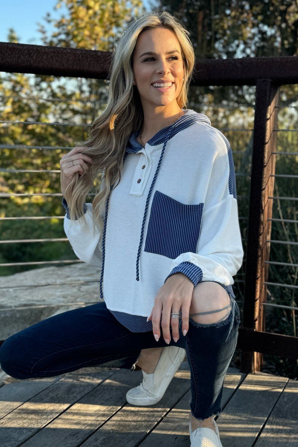 Millie Drawstring Hooded Top with Patchwork Design and Colorblock Detail - Love Salve 