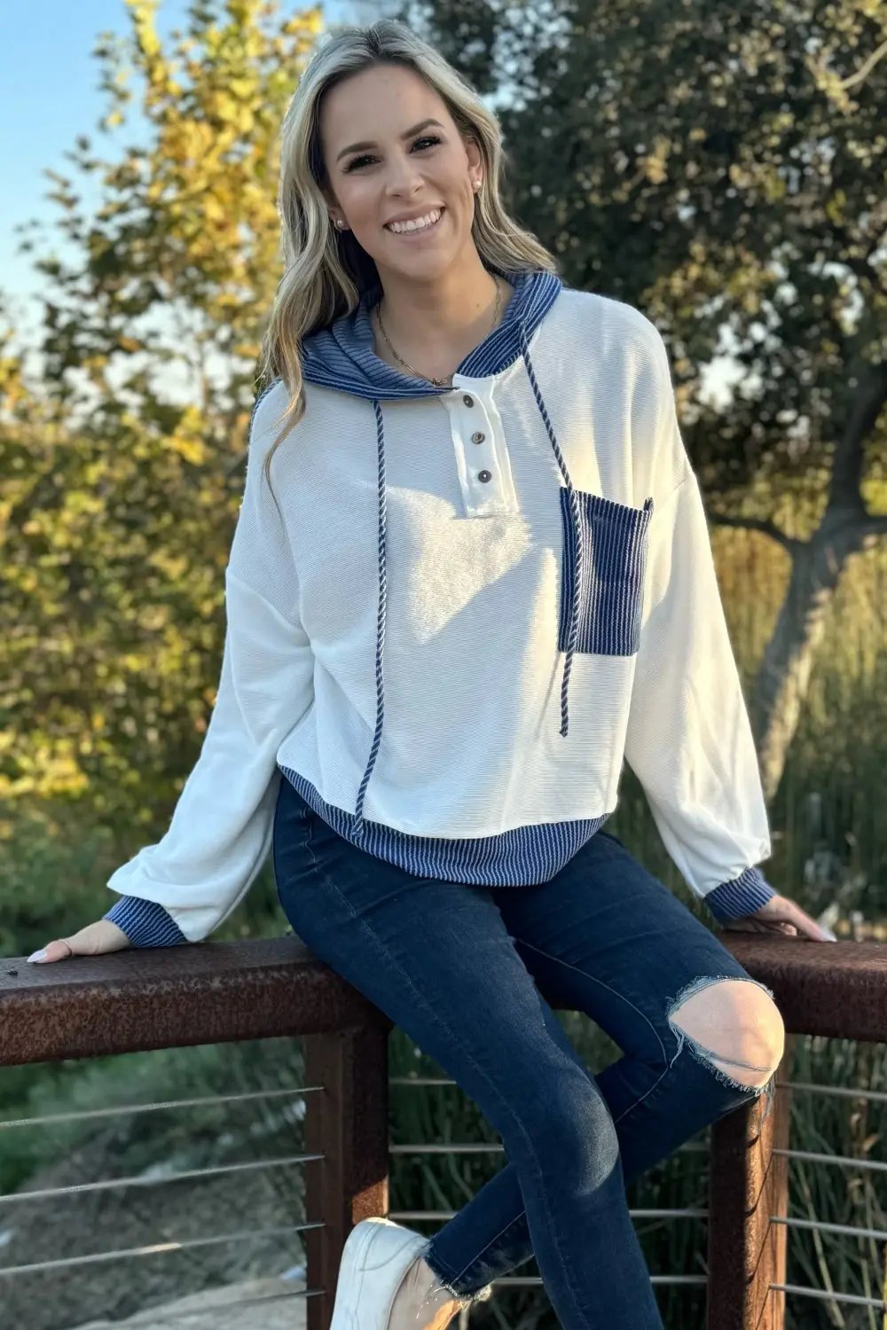 Millie Drawstring Hooded Top with Patchwork Design and Colorblock Detail - Love Salve 