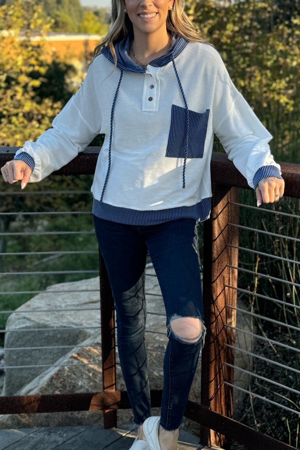 Millie Drawstring Hooded Top with Patchwork Design and Colorblock Detail - Love Salve 