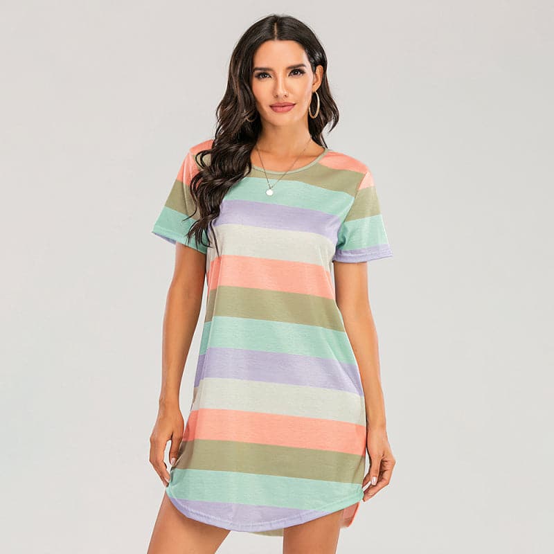 Women's Short Sleeve Rainbow Striped Loose T-Shirt Pyjama Sets.