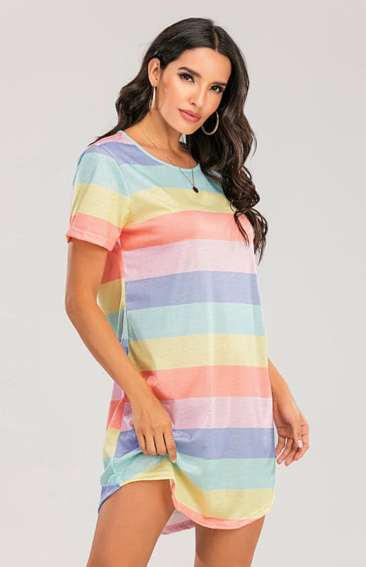 Women's Short Sleeve Rainbow Striped Loose T-Shirt Pyjama Sets.