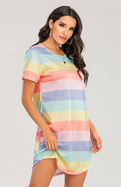 Women's Short Sleeve Rainbow Striped Loose T-Shirt Pyjama Sets.