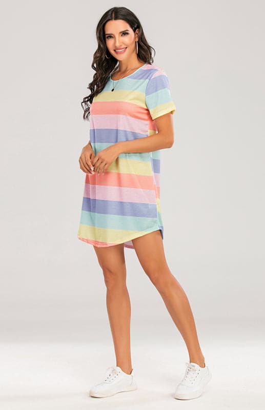 Women's Short Sleeve Rainbow Striped Loose T-Shirt Pyjama Sets.