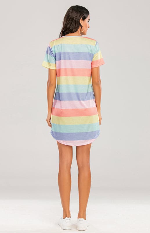 Women's Short Sleeve Rainbow Striped Loose T-Shirt Pyjama Sets.