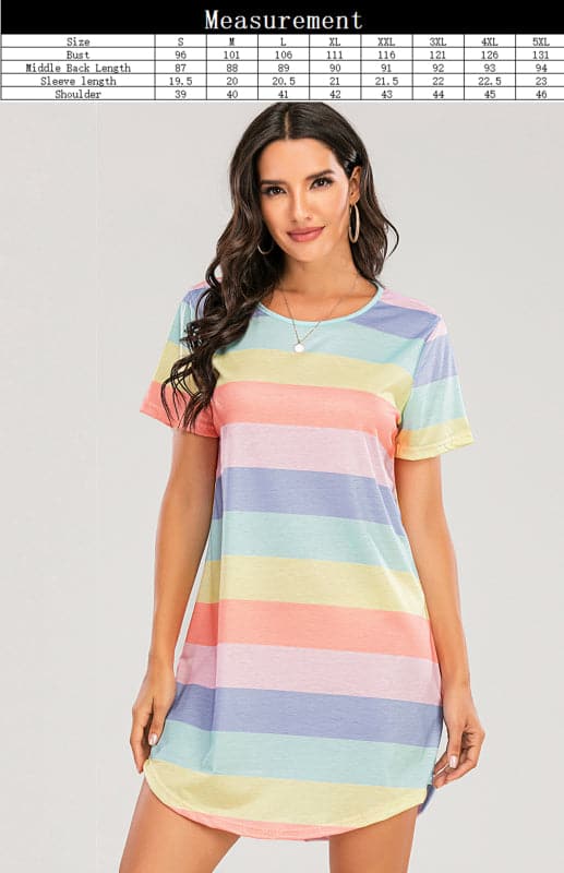 Women's Short Sleeve Rainbow Striped Loose T-Shirt Pyjama Sets.