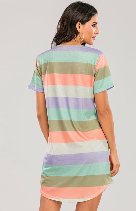 Women's Short Sleeve Rainbow Striped Loose T-Shirt Pyjama Sets.