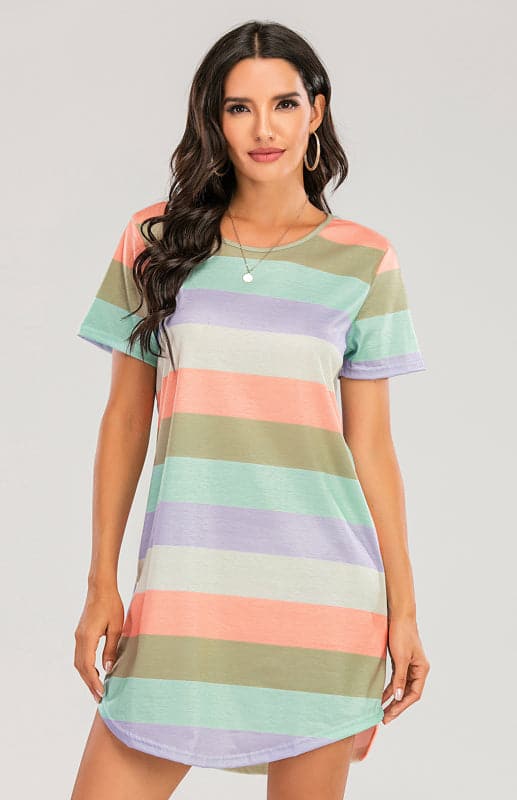 Women's Short Sleeve Rainbow Striped Loose T-Shirt Pyjama Sets.